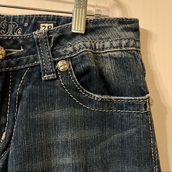 Miss Me Signature Rise Boot Blue Jeans 28 Med Wash Rhinestones Embroidered Rose - Picture 9 of 15